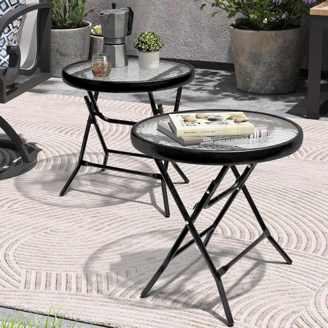 Foldable Patio Side Table Set of 2 with Tempered Glass Top 18" Folding Outdoor Side Tables Set of 2 Small Glass Patio End Tables for Porch Yard Balcony Deck Lawn Dining Garden (Black)