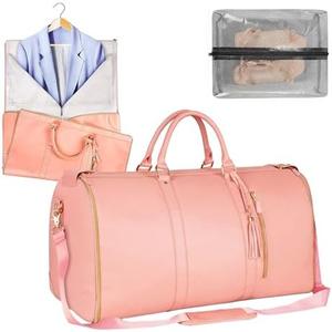 Garment Duffle Bags for Travel, Convertible Cloth Luxe Mega Bag with Shoe Pouch, 2 in 1 Waterproof Travel Suit Bag with Shoulder Strap for Men Women(Pink)