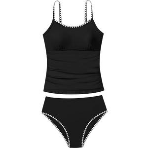 Lifepushes Girls Swimsuit 2 Piece Solid Color Tankini Contrast Trim Drawstring with Padded Girl Bathing Suit for Teens 11-12Y