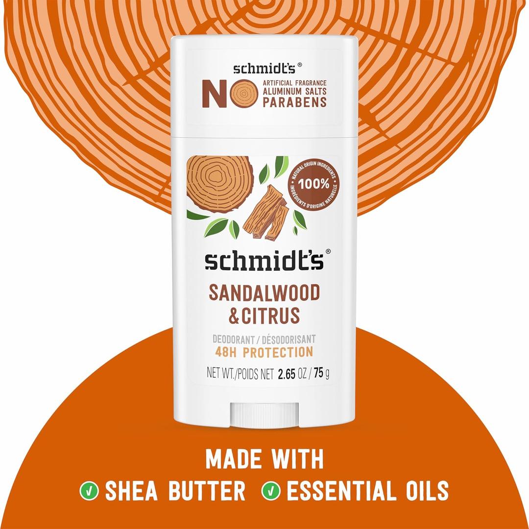 Schmidt's AluminumFree Vegan Deodorant Sandalwood & Citrus for Women and Men, with 24 Hour Odor Protection, Natural Ingredients, CrueltyFree, 2.65 oz