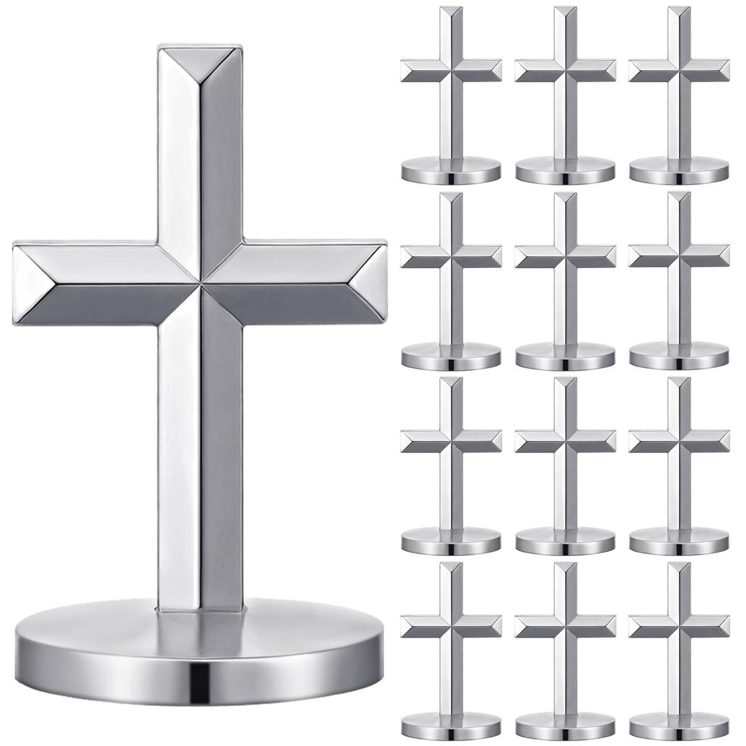 Frienda 12 Pcs Baptism Mini Standing Crosses Metal Crucifix First Communion Table Centerpiece 1.97‘' Cross Bulk Catholic Tabletop for Christian Religious Party Decor Craft Church Prayer Gift(Silver)