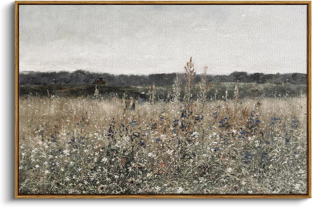 InSimSea Framed Canvas Wall Art Vintage Decor, Landscape Wall Art, Meadow with Flowers Art, Modern Farmhouse Decor, Cottagecore Bedroom Bathroom Office Decorations, 24"x36" (Champ Fleuri)