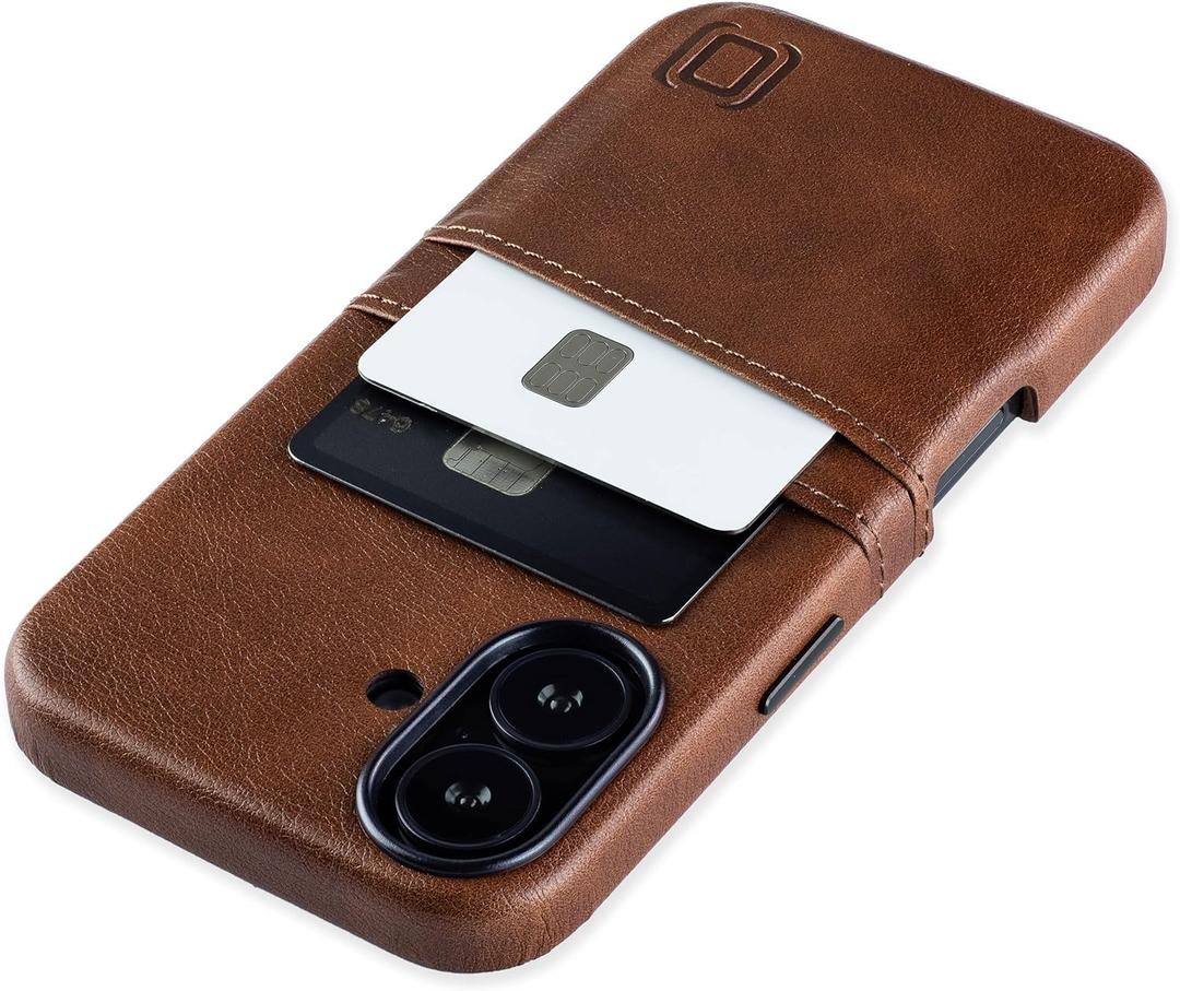 Dockem Card Case V2 for iPhone 16 with Camera Control Cutout, Built-in Metal Plate & 2 Card Holder Pockets: M2 Exec Premium Synthetic Leather Wallet Case (Brown)