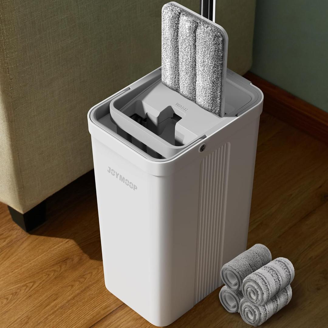 JOYMOOP Mop and Tub Set, Flat Mops for Floor & Wall Cleaning, Commercial & Household Use, Hardwood Floor Mop with Long Handle & 4 Microfiber Pads (60 inch)