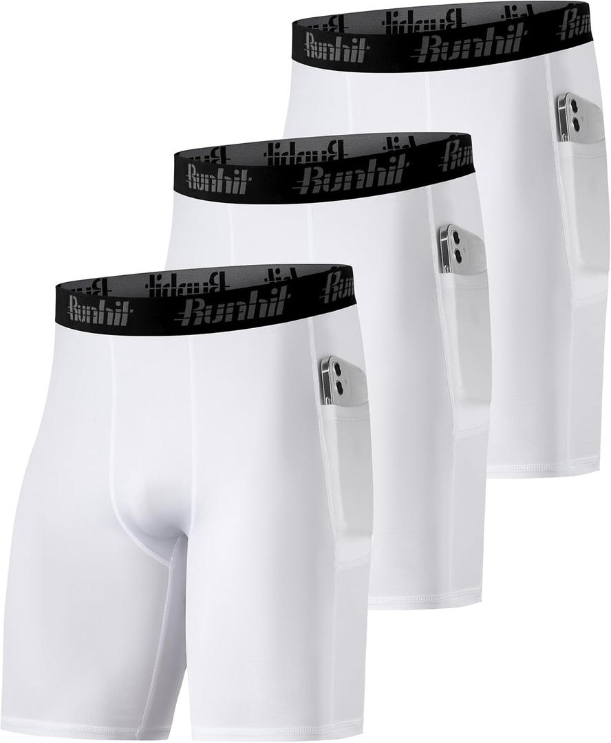 Runhit Compression Shorts Men Underwear Spandex Running Shorts Workout Athletic (XX-Large, 3 Pack Pocket, White x3)