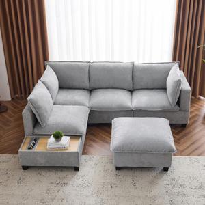 Merax Modern 90" U-Shaped Chenille Sectional Sofa Set, Modular Sofa Couch with a Movable Ottoman, a Coffee Table with Hidden Charging Devices for Living Room, Grey