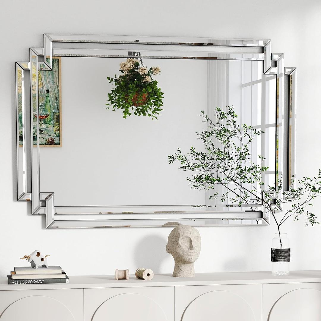 Rectangular Large Decorative Wall Mirror with Mirrored Frame, 28" X 40" Modern Large Bathroom Mirror with Glass Pieces and Beveled Edge, Hang Horizontally or Vertically