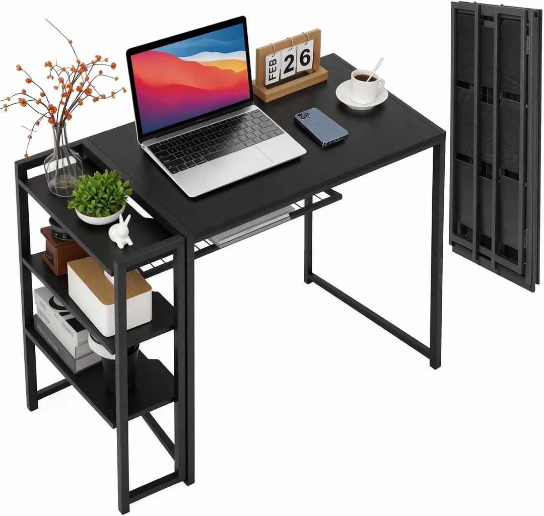 GarveeLife 38.6 inch Folding Desk Writing Computer Desk with Storage Shelf,Spaces Saving Writing Sturdy Table No Assembly,for for Bedroom, Home Office, Dorm, Apartment, Black, 35 inch