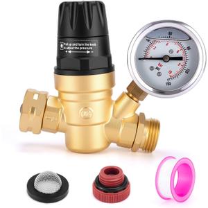Water Pressure Regulator for RV Camper, Brass Lead-Free Adjustable Water Pressure Reducer with 0-160 PSI Gauge and Inlet Screen Filter, Garden Hose Pressure Regulator