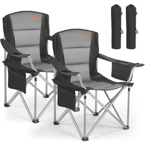 VEVOR Oversized Camping Folding Chair, Portable Heavy Duty Outdoor Quad Lumbar Back Padded with Side Pockets, Cup Holder and Cooler Bag for Beach, Lawn, Picnic, Fishing, Backpacking, 2 Pack, 24.8"D x 38.6"W x 39"H