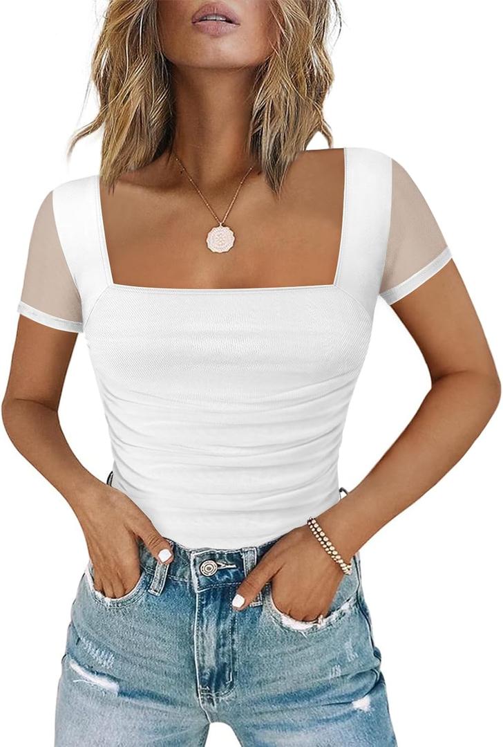 Chunpin Women's Square Neck Mesh Short Sleeve Bodysuit Outfits Tops Sexy Thong Bodysuit (Medium)