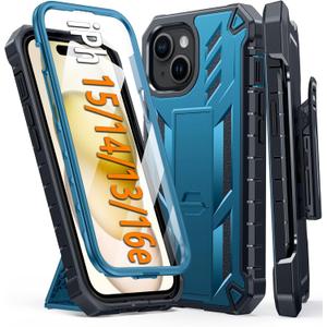 FNTCASE for iPhone 15 Case: for iPhone 14 Case & iPhone 13 Case [with Kickstand & Holster] [Built-in Screen Protector] Military Grade Drop Protection Heavy Duty Full Protective Shockproof Phone Cover