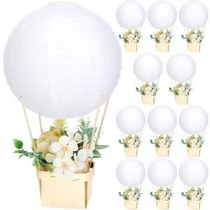 Retisee 12 Sets Baby Shower Hot Air Balloon Table Centerpieces 10 Inch Large DIY Paper Lanterns Gender Reveal Decorations for Wedding Birthday Party Favors Decor with Wooden Baskets Sticks(White)