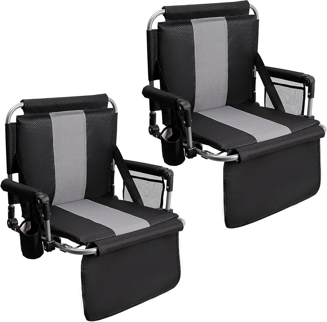 ALPHA CAMP Stadium Seat Chair for Bleachers with Back & Arm Rest (Black Grey-2pcs)