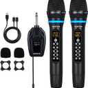 Dual Wireless Microphones Rechargeable, UHF Metal Wireless Mic System Cordless Microphone Professional with Echo Treble BASS VOL Channel Control for Karaoke Singing Church Events