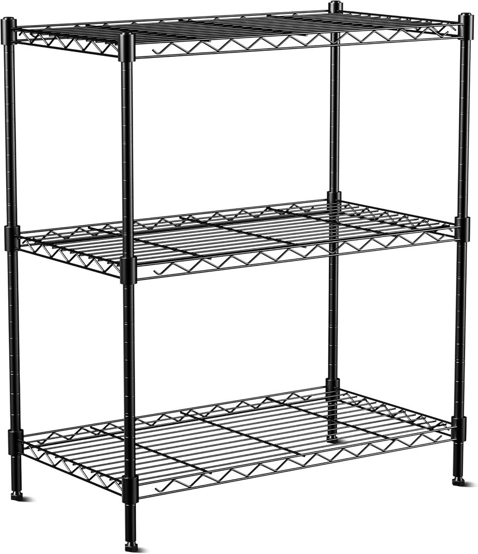 3-Tier Wire Shelf Rack,24" Dx14 Wx 30" H,Wire Metal Shelving with Lockable Wheels,Height Adjustable Storage Standing Shelves for Kitchen,Living Room,Laundry,Office,Pantry,Studio,Black