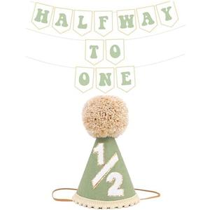 Half Way To One Decorations for Boy Girls, 1/2 Birthday Hat And Pre-strung Half Birthday Banner For Six Months Ha-lf Year BD Decor ations Missing Banner