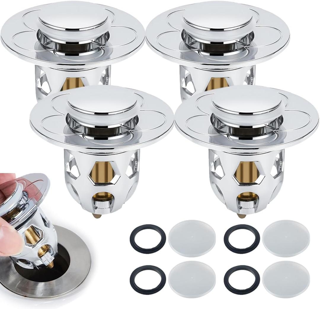 4Pcs Bathroom Sink Stopper Pop Up Sink Drain Strainer for 1.33-1.57in Drain Hole Push-Type Washbasin Drainer Filter with Hair Catcher Basket for Kitchen Bathroom