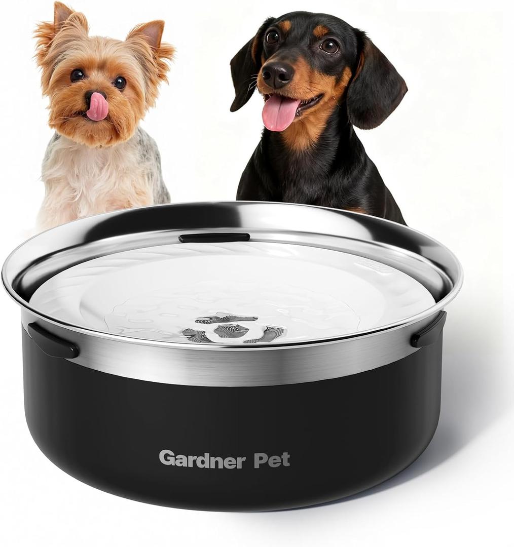 Gardner Pet Slow Water Bowl for Dogs, 2L/68oz Spill-Proof Pet Water Bowl with Floating Disk & Filter Screen, Stainless Steel No-Spill Water Dispenser for Medium Pets (Black)