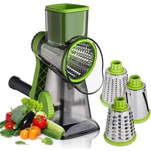 Rotary Cheese Grater with 3 Stainless Steel Blades – Manual Cheese, Vegetable, Nuts Slicer & Shredder with Strong Suction Base, Round mandoline slicer & Food Chopper - Hand Crank Grater with Handle