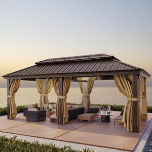 HOTEEL 12x20 Hardtop Gazebo with Metal Roof & Drainage System, Heavy Duty Galvanized Steel Gazebo with Reinforced Aluminum Frame, Privacy Curtains and Netting, for All-Weather, Brown (2025 Upgraded)