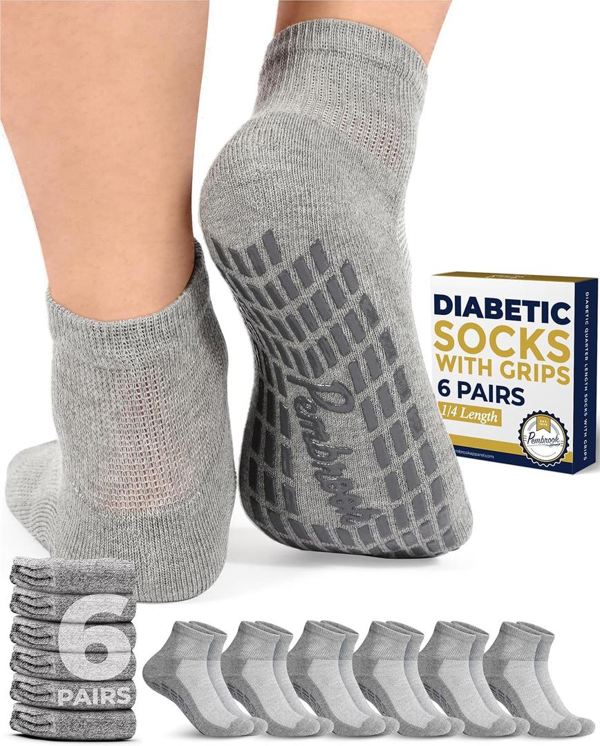 Pembrook 6 Pairs Diabetic Ankle Socks - Men & Women, Non Slip, Edema, Neuropathy, 12 Colors (Large)