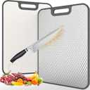 18/8 Stainless Steel Cutting Board, Large Double Sided Chopping Board for Kitchen (17x12"), Food-Grade 304 & Wheat Straw PP, Deep Juice Grooves, Non-Slip & Dishwasher Safe