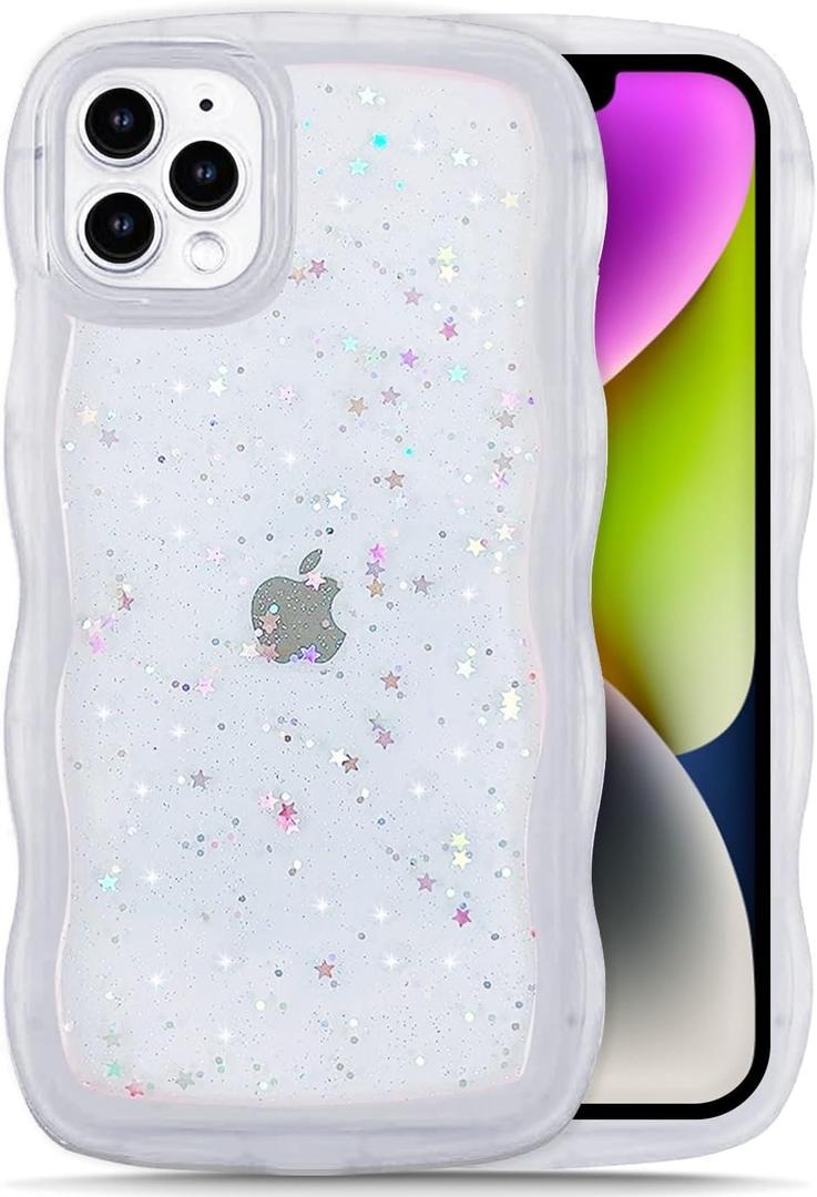 IAIYOXI Case for iPhone 17 Air - Curly Wave Edge Design, Bling Glitter Star Shiny Case, Cute Pink Clear Full Protection Soft TPU Shockproof Cover for Women and Girls (iPhone 17 Air, Clear)