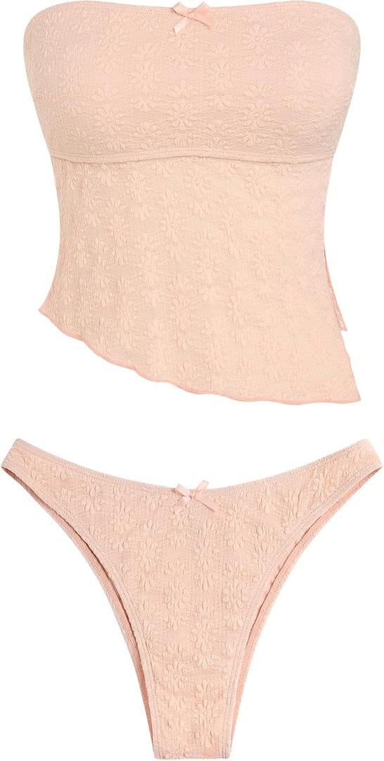 ZAFUL Women's Bandeau Tankini Swimsuit Crochet Bathing Suits (Pink, S)