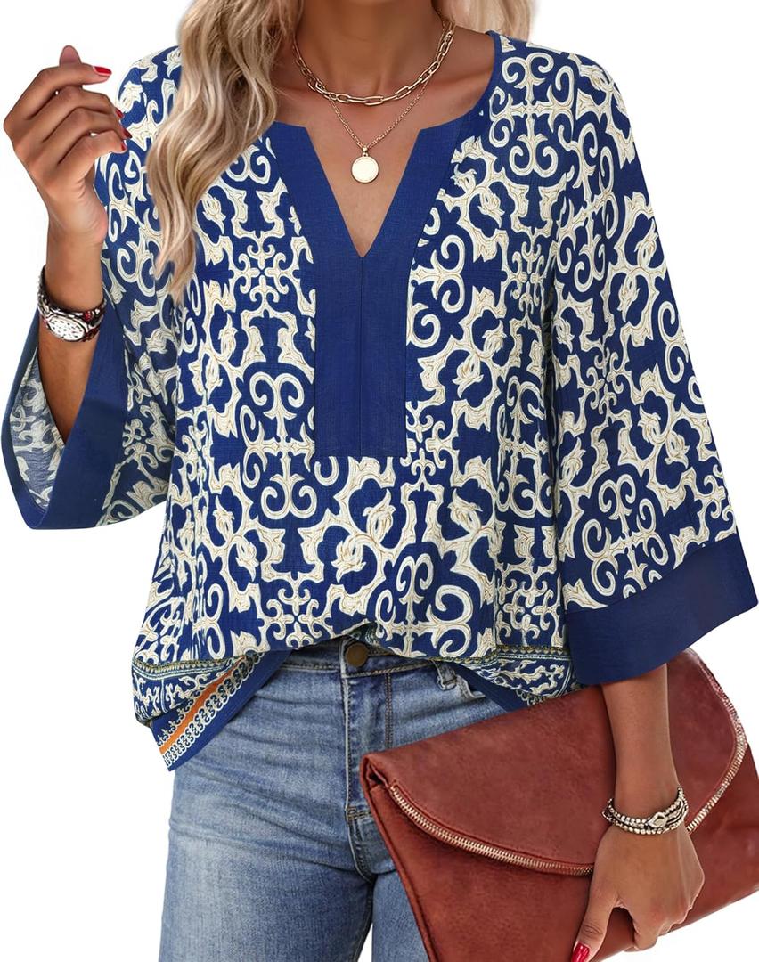 Bebonnie Women Blouses Dressy Casual 3/4 Sleeve V Neck Floral Loose Fit Tunic Tops (XX-Large, Retro Blue)