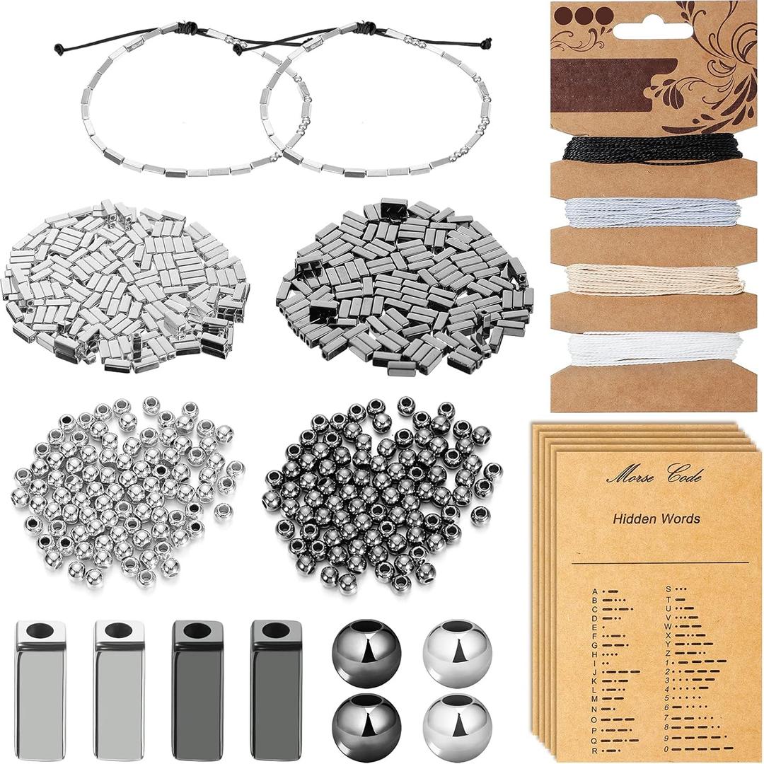 DIY Morse Code Bracelet Kit, 800 Pieces Round Spacer Beads 400 Pieces Long Tube Spacer Beads 20 Pieces Morse Code Decoding Card 20 Yards Waxed Cord for Handmade Bracelet Necklace Jewelry Crafts