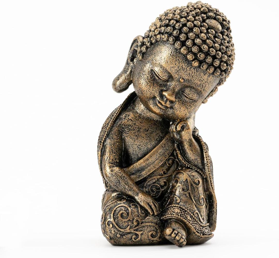 Baby Buddha Statue Indoor Decor, 8 Inch Resin Thinking Buddha for Meditation Room, Spiritual Zen Gifts, Antique Golden Altar Statue for Home Retro