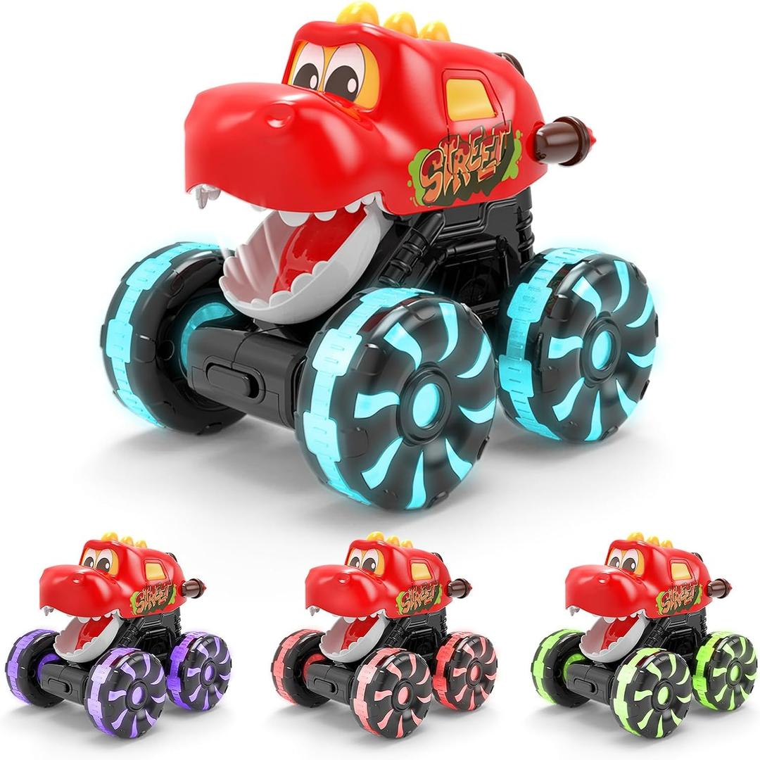 Intoypad Red Chomping Dino Monster Truck Toy  Press and Go Car with LED Light Wheels  Light-Up Push Car for Toddlers Boys Girls Ages 2 3 4 5  Dinosaur Toy with Moving Mouth Action