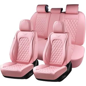 Coverado Full Set Car Seat Covers, Luxury Faux Leather Waterproof Seat Covers, Pink Car Seat Protectors, Universal Fit for Most Cars, Automotive Seat Covers-Pink