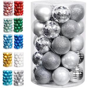 Lulu Home Christmas Ball Ornaments, 34 Ct 1.57" Pre-Strung Hanging Ornament Decorations, Xmas Shatterproof Plastic Balls for Holiday Party Wreath Garlands Trees, Silver