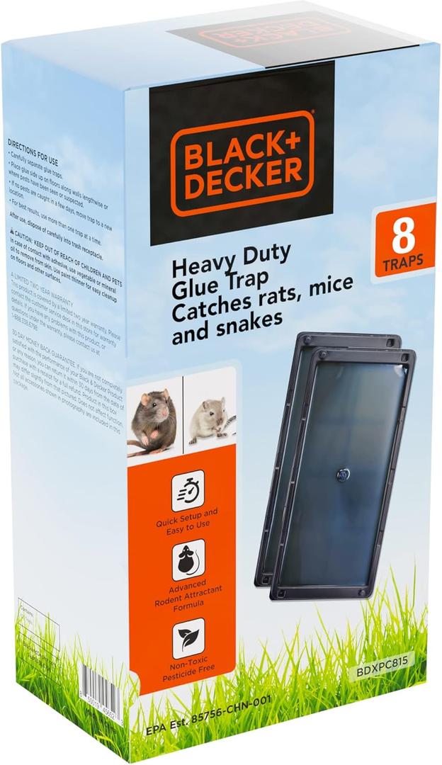 BLACK+DECKER Mouse Trap & Mouse Traps Indoor for Home- Heavy- Duty Rat Trap- Sticky Snake Trap- 8 Pre-Baited Glue Traps for Rodents, Insects, Spiders & Other Vermin