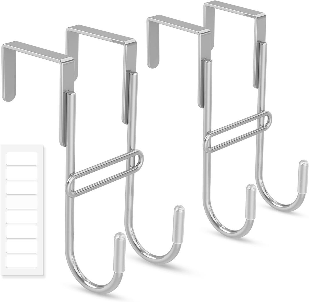 FYY 2 PCS Over the Door Hooks, Heavy Duty Double Hanger with Non-Slip Pads, No-Drill Metal Hook for Hanging Coats Towels Robes Closet Bathroom Bedroom, Fits 1.45 Inch Door Thickness, 5.12" Long,Silver