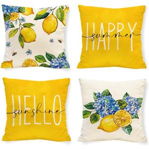 Spring Summer Lemon Pillow Covers Blue Hydrangea 18 x 18 Inch Throw Pillows, Hello Sunshine Decorative Farmhouse Cushion Case for Sofa Couch Set of 4