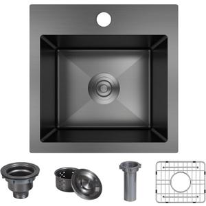 15 x 15 inch Drop in Bar Sink Black, Black Bar Sink 18 Gague Topmount Single Bowl Small Kitchen Sink with Basket Strainer Drain & Bottom Grid