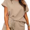 Eytino Women Plus Size 2 Piece Outfits Sweatsuit Short Sleeve Pullover Tops and Drawstring Shorts Pants (3X, Khaki)