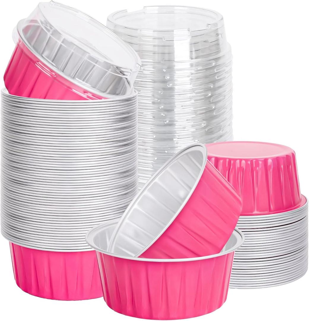 60Pcs Hot Pink Cupcake Cups with Lids Aluminum Foil Baking Cups Disposable Muffin Liners Cupcake Holders for Holiday Baby Shower Birthday Party Supplies