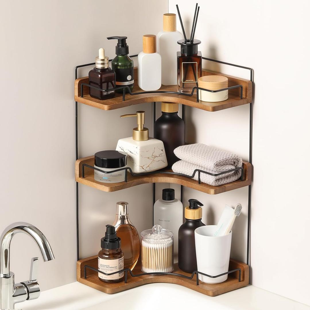 3-Tier Bathroom Counter Organizer, Wooden Corner Shelf for Vanity Countertop Skincare & Makeup, Storage and Organization for Kitchen, 10 inches x 10 inches x 19.6 inches