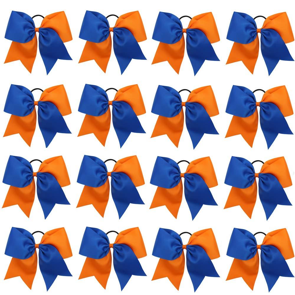 16PCS 8" Large Cheer Hair Bows Ponytail Holder Elastic Band Handmade for Cheerleading Teen Girls College Sports (16 Pcs) (Royal Blue/Orange)