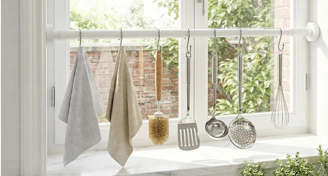 No Drill Rust-Resistant Tension Rod, Bright White (19.7-31.5 Inches) - Adjustable for Kitchen Windowsill (Wet Rags/Utensils), Bathroom Curtain/Towel & Cabinet Clothing