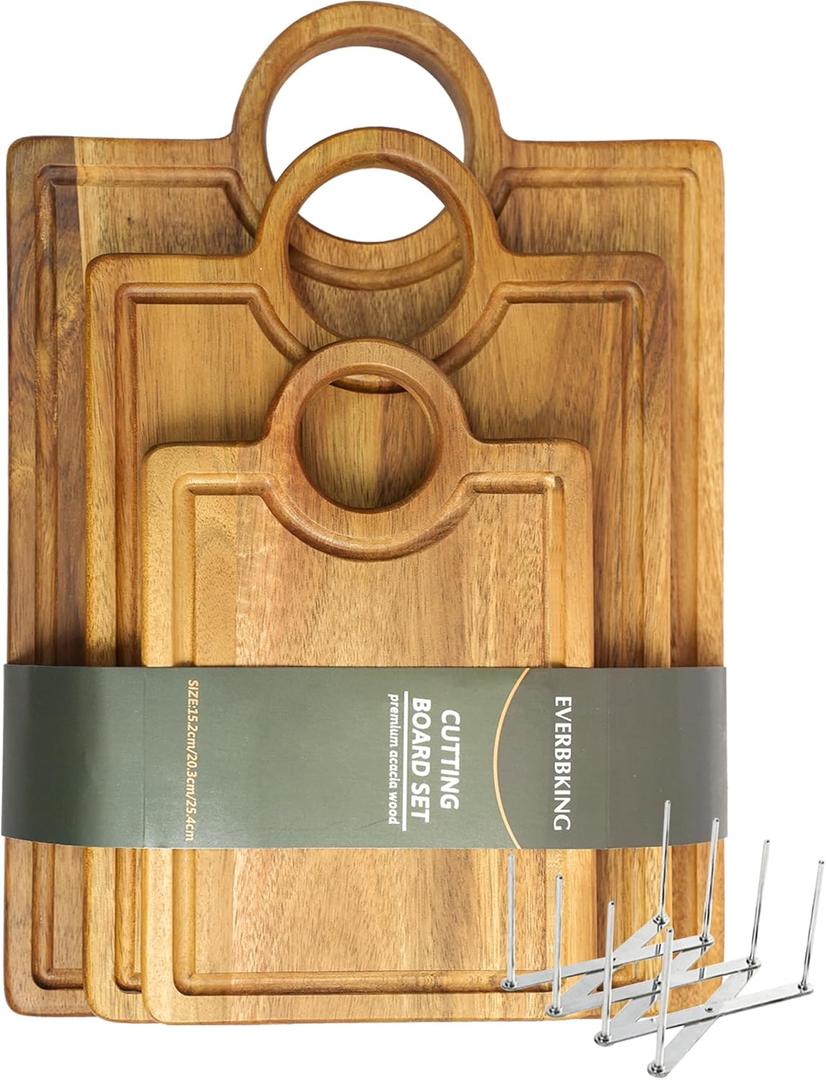 Acacia Wood Cutting Board Set - 3-Piece (14"/12"/9") Solid Wood Cutting Boards with Juice Groove & Handle, Dual-Use Butcher Block for Food Prep & Charcuterie Serving