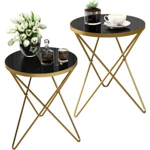 HLR Modern Round Side Table Set of 2, End Table with Marble Effect Top and Gold Metal Frame, Small Side Table for Living Room, Bedroom, Sofa and Couch, Gold Legs, Black Glass top, 2-pack