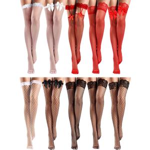 10 Pairs Silk Fishnet Thigh High Stockings Women Lace Top Sheer over Knee Stocking for Halloween (Medium, Black Red White)