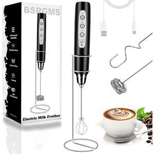 Milk Frother Handheld with Stand, Electric Whisk 3 Speed Adjustable, Drink Mixer with Stainless 3 Whisk, Rechargeable Hand Frother Wand, Foam Maker for Latte Cappuccino Hot Chocolate Egg Black
