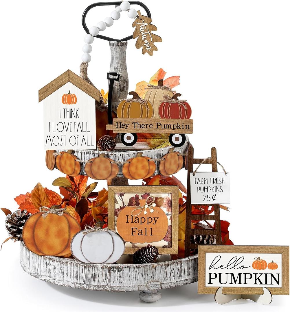 18 Pcs Fall Thanksgiving Tiered Tray Decor Set Pumpkin Wood Sign Hello Fall Rustic Farmhouse Tray Decoration Tabletop Sign for Autumn Home Kitchen Festival (Classic Pumpkin)