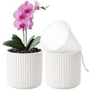 TineDew 2 Pack of 5in Ceramic Cachepot with 5 inch Clear Nusery Pot - Self Watering Indoor Planter with Drainage for Root Visibility, Semi Hydro Pots For Repotting Orchid,White